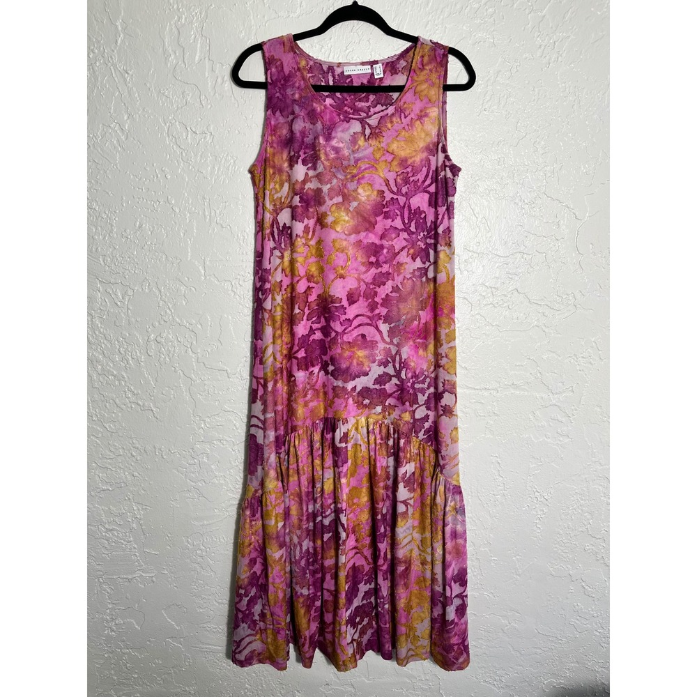 Susan Graver Pink Floral Burnout‎ Maxi Dress Sleeveless Tiered Ruffle Hem Small